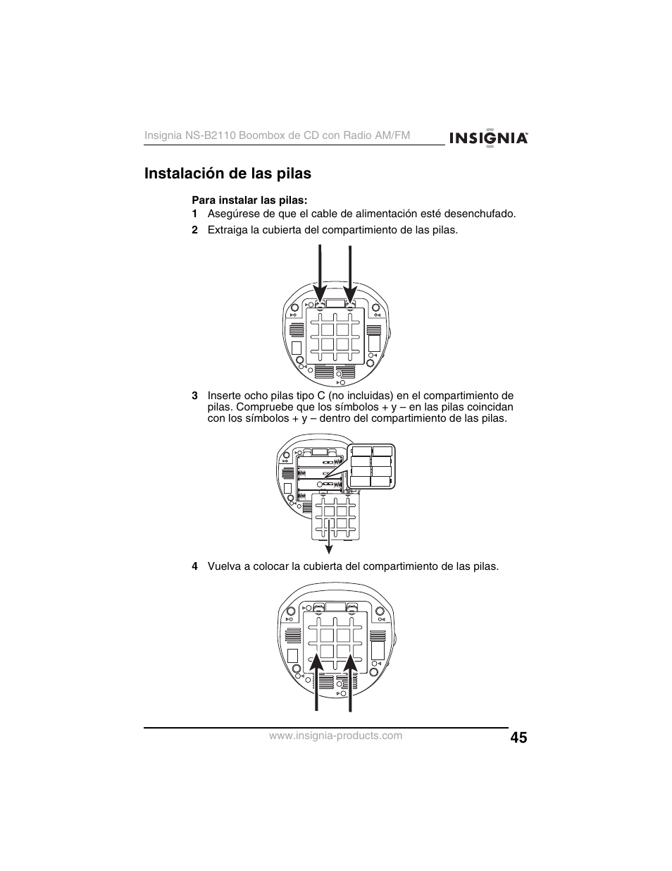 Instalación de las pilas | Insignia NS-B2110 User Manual | Page 45 / 58