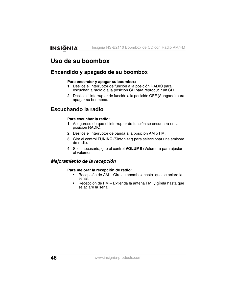 Uso de su boombox, Encendido y apagado de su boombox, Escuchando la radio | Insignia NS-B2110 User Manual | Page 46 / 58