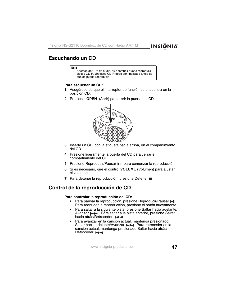 Escuchando un cd, Control de la reproducción de cd | Insignia NS-B2110 User Manual | Page 47 / 58