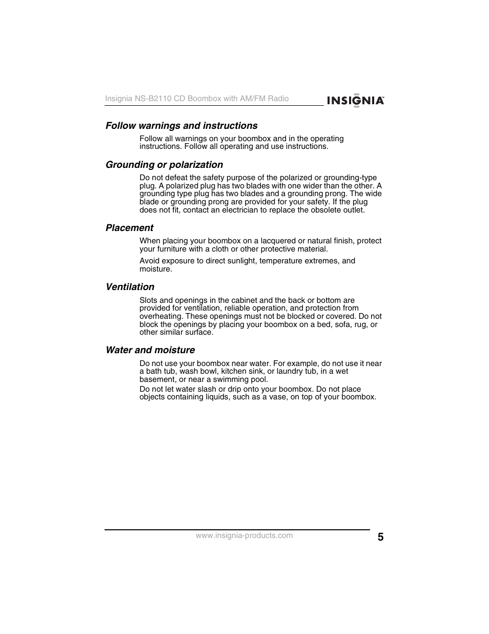 Insignia NS-B2110 User Manual | Page 5 / 58