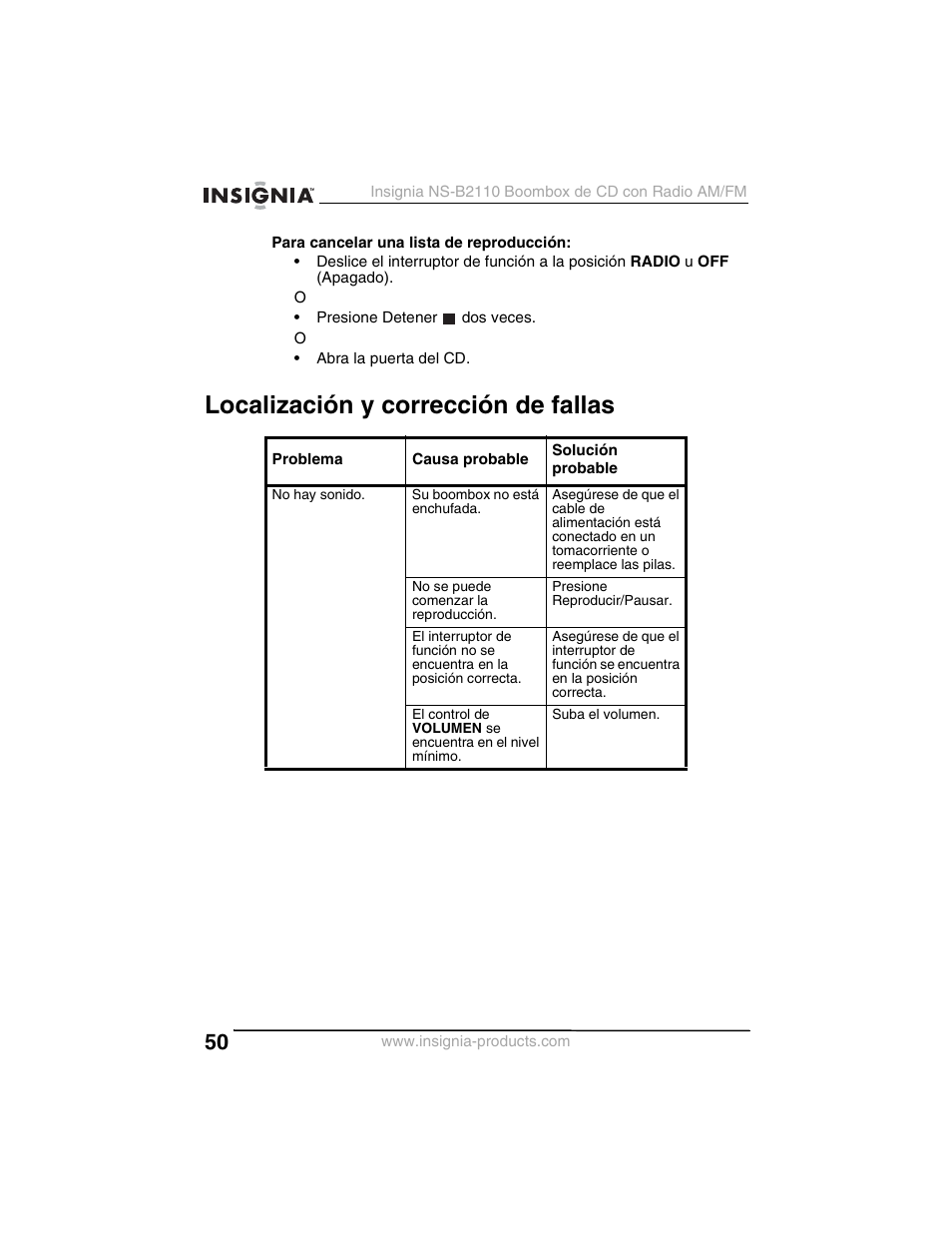 Localización y corrección de fallas | Insignia NS-B2110 User Manual | Page 50 / 58