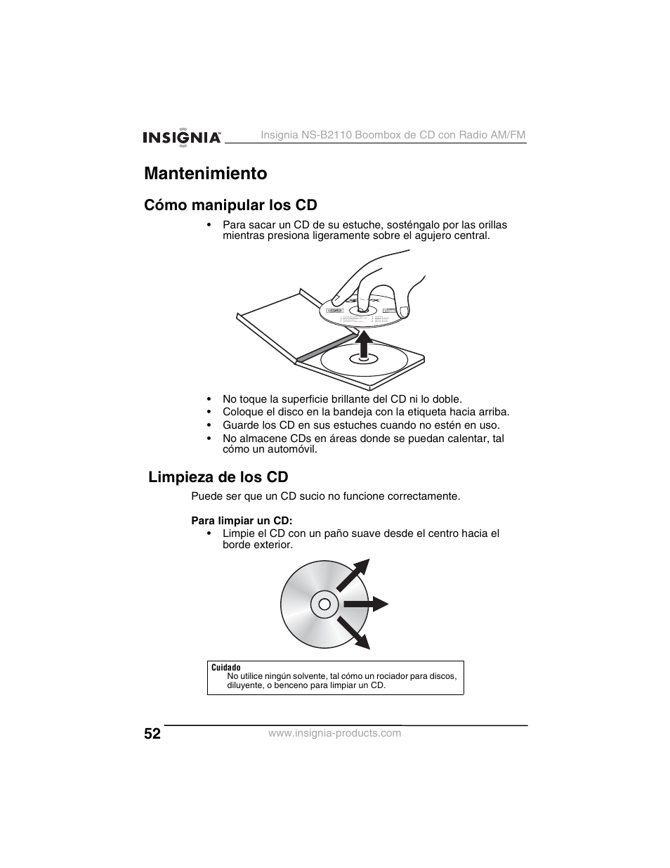 Mantenimiento, Cómo manipular los cd, Limpieza de los cd | Insignia NS-B2110 User Manual | Page 52 / 58