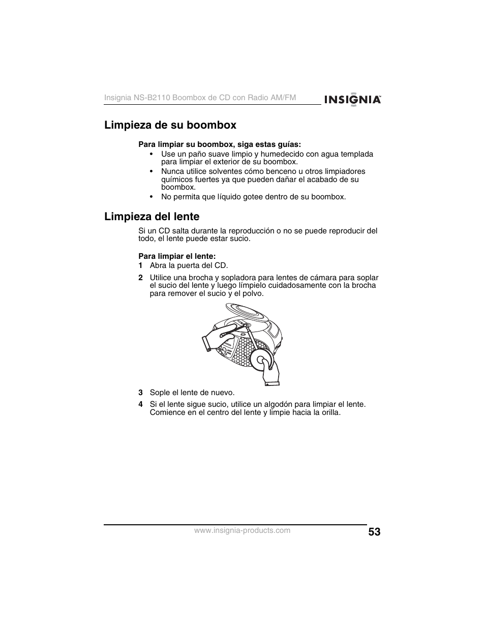 Limpieza de su boombox, Limpieza del lente | Insignia NS-B2110 User Manual | Page 53 / 58