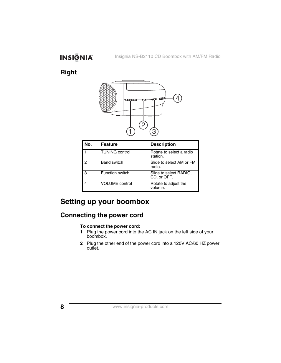Setting up your boombox, Right, Connecting the power cord | Insignia NS-B2110 User Manual | Page 8 / 58