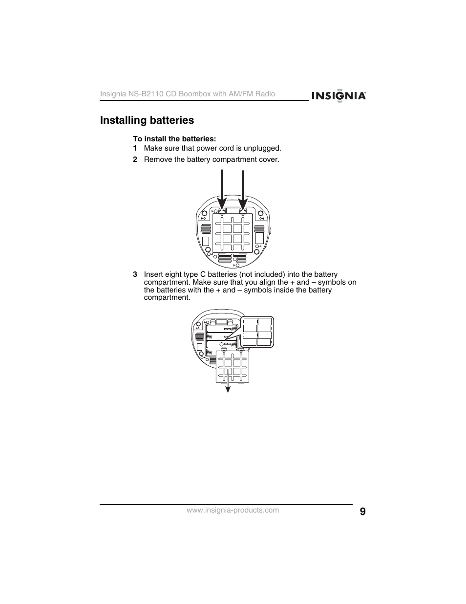 Installing batteries | Insignia NS-B2110 User Manual | Page 9 / 58