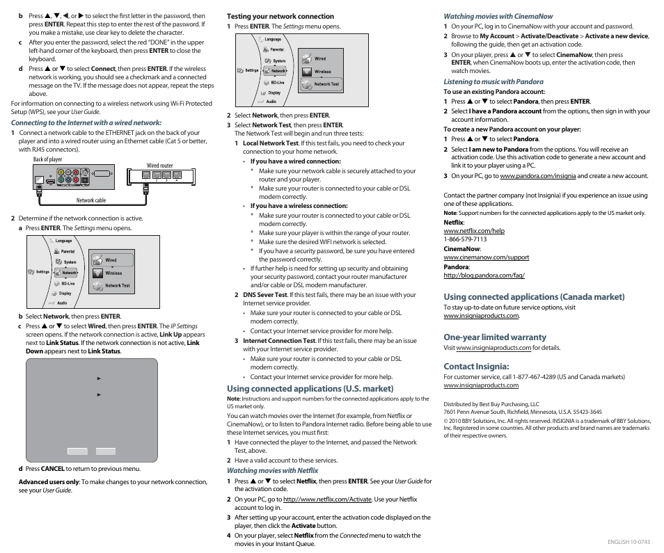 Using connected applications (u.s. market), Using connected applications (canada market), One-year limited warranty | Contact insignia | Insignia NS-WBRDVD2 User Manual | Page 2 / 2