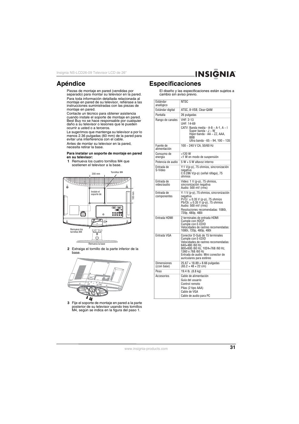 Apéndice, Especificaciones, Apéndice especificaciones | Insignia NS-LCD26-09 User Manual | Page 33 / 40