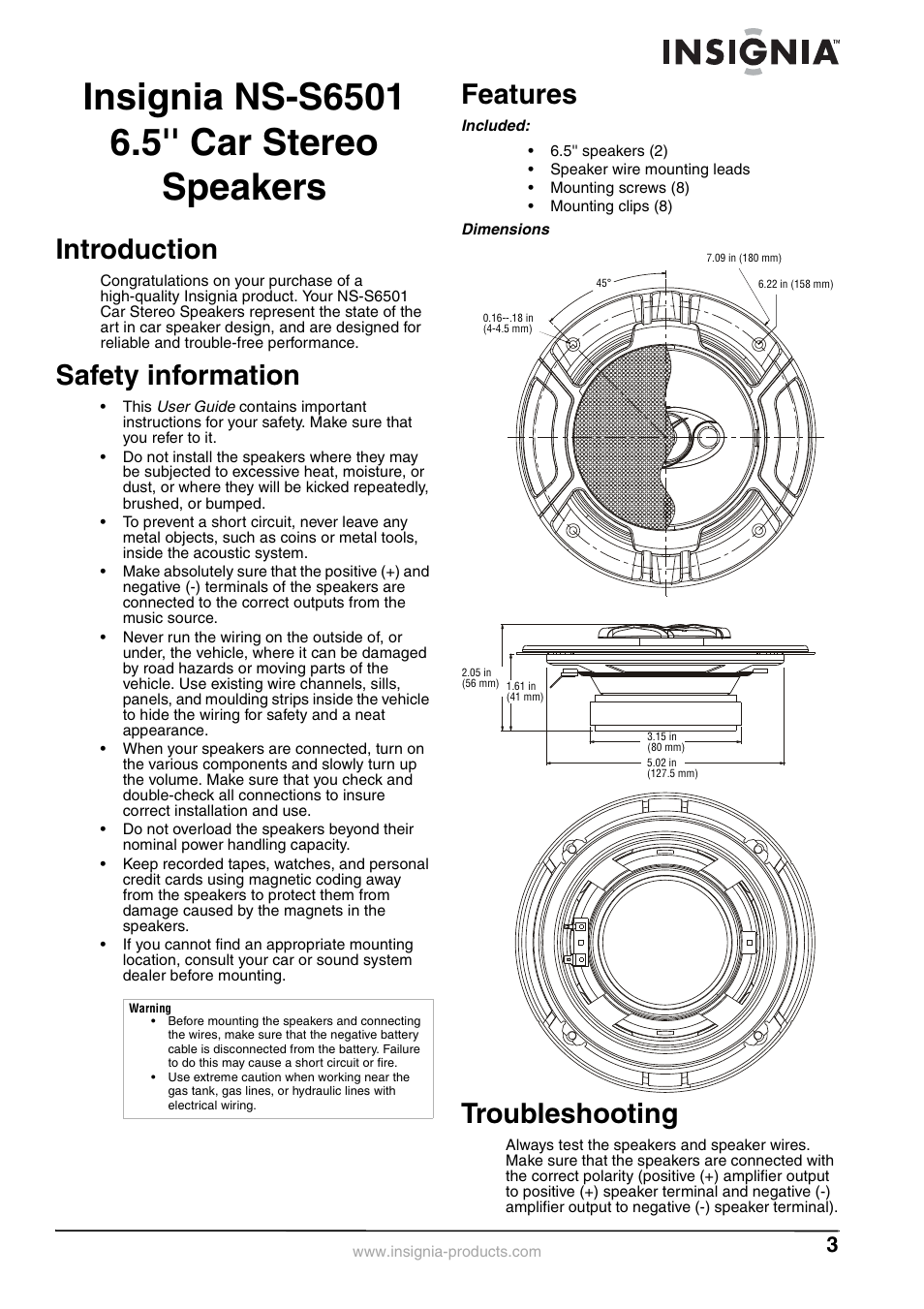 Insignia ns-s6501 6.5'' car stereo speakers, Introduction, Safety information | Features, Included, Dimensions, Troubleshooting | Insignia NS-S6501 User Manual | Page 3 / 8