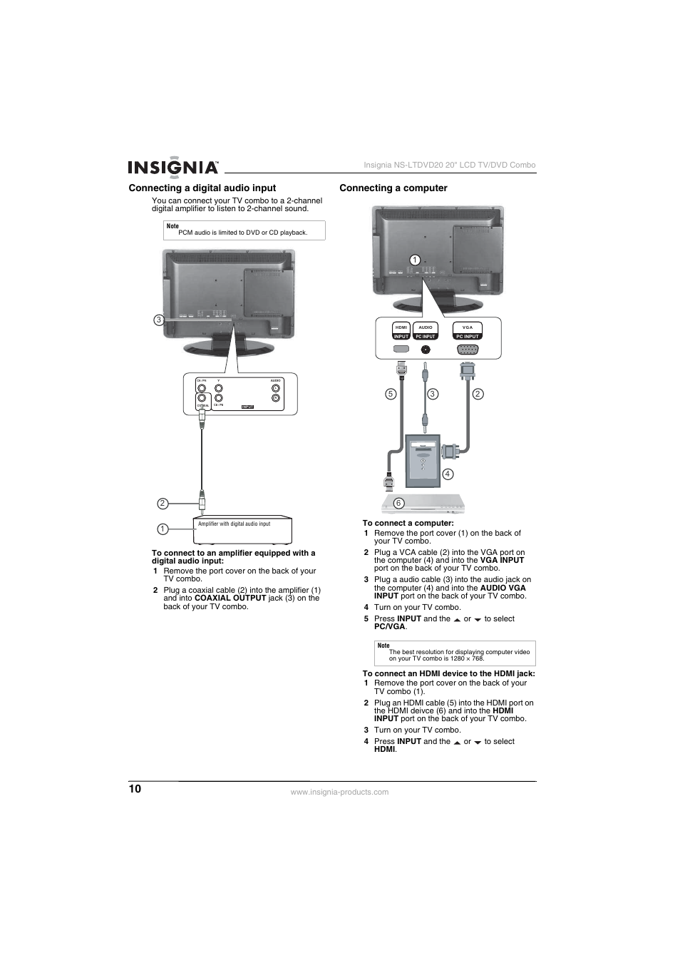 Connecting a digital audio input, Connecting a computer | Insignia NS-LTDVD20 User Manual | Page 12 / 92