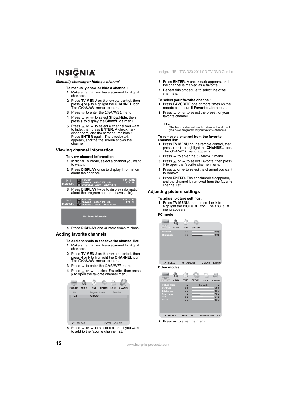 Viewing channel information, Adding favorite channels, Adjusting picture settings | Insignia NS-LTDVD20 User Manual | Page 14 / 92