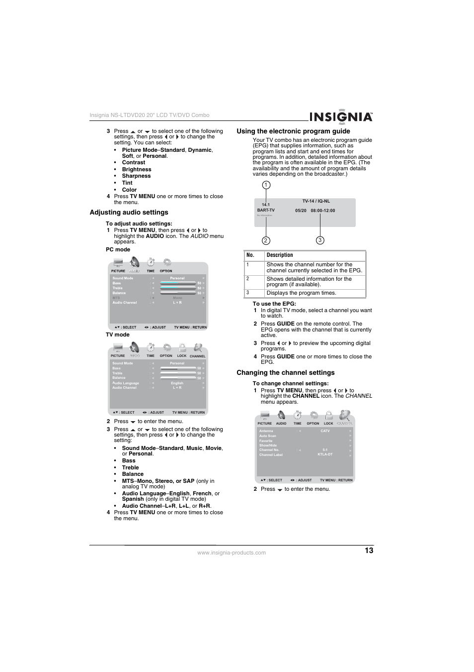 Adjusting audio settings, Using the electronic program guide, Changing the channel settings | Insignia NS-LTDVD20 User Manual | Page 15 / 92