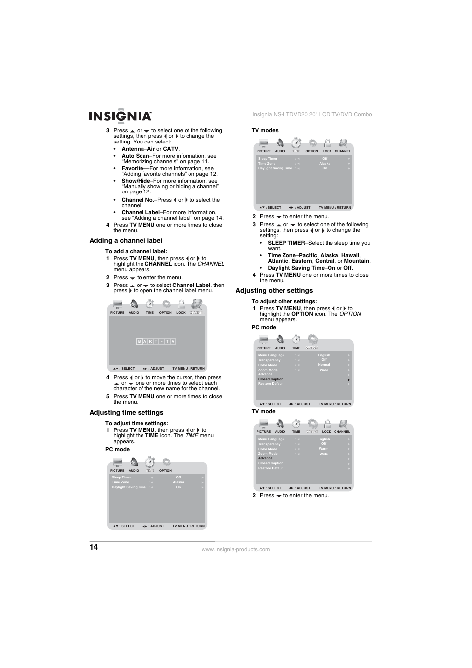 Adding a channel label, Adjusting time settings, Adjusting other settings | Insignia NS-LTDVD20 User Manual | Page 16 / 92