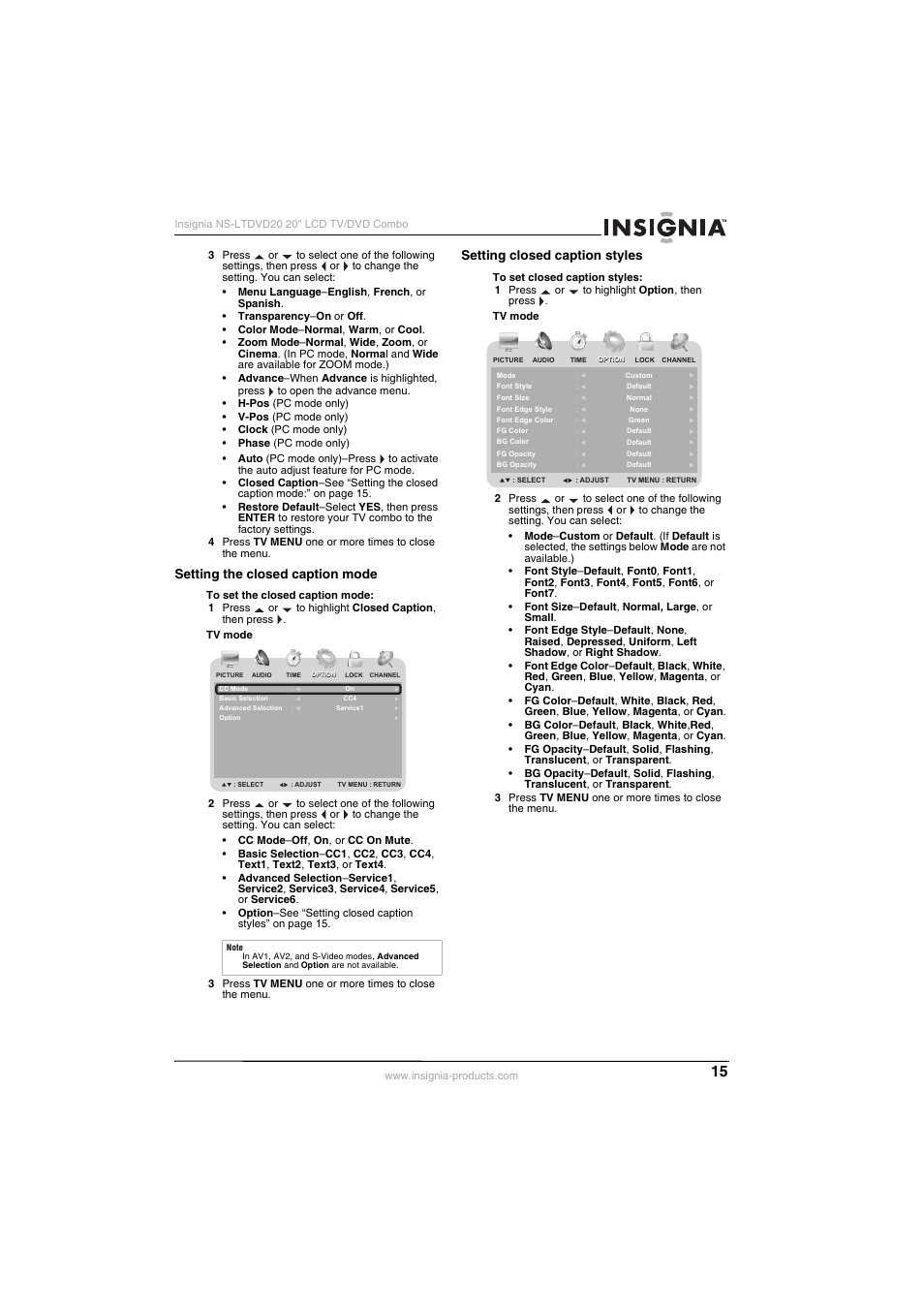 Setting the closed caption mode, Setting closed caption styles | Insignia NS-LTDVD20 User Manual | Page 17 / 92