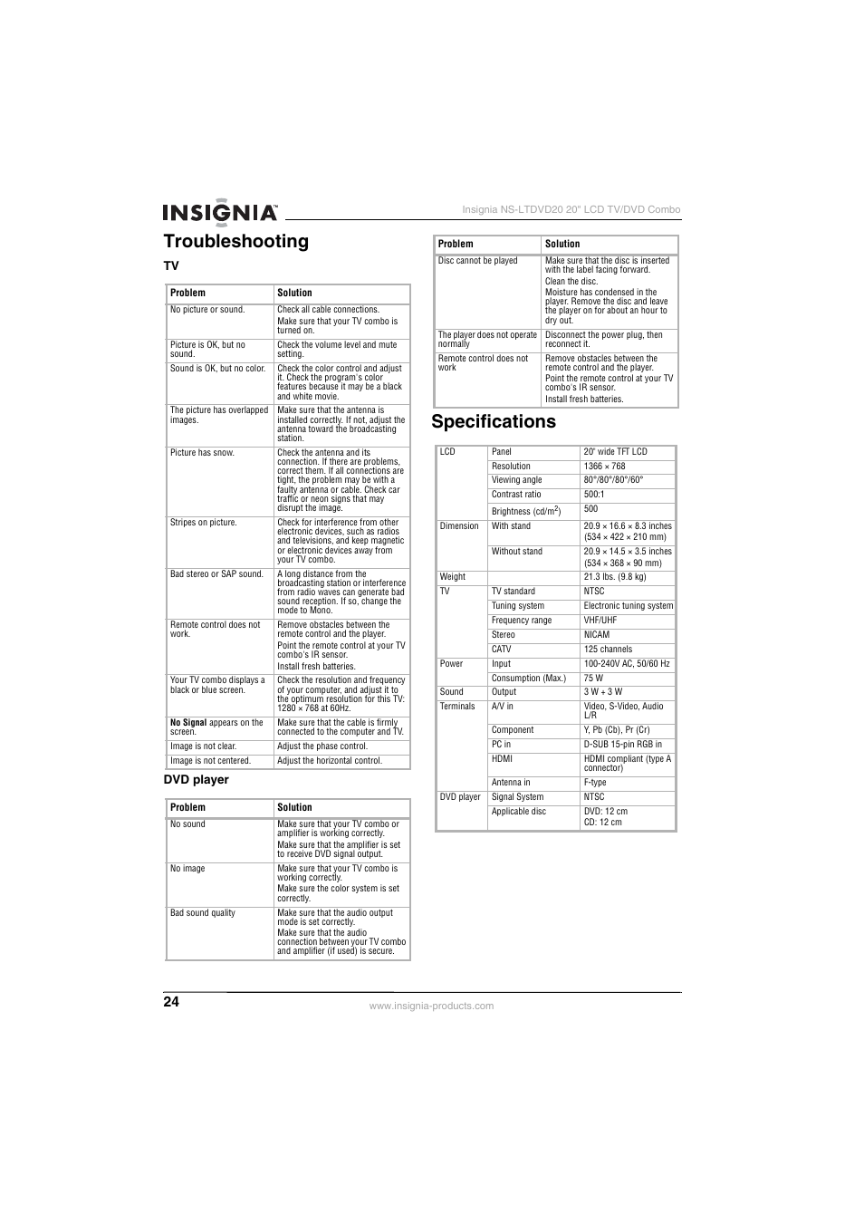 Troubleshooting, Specifications | Insignia NS-LTDVD20 User Manual | Page 26 / 92