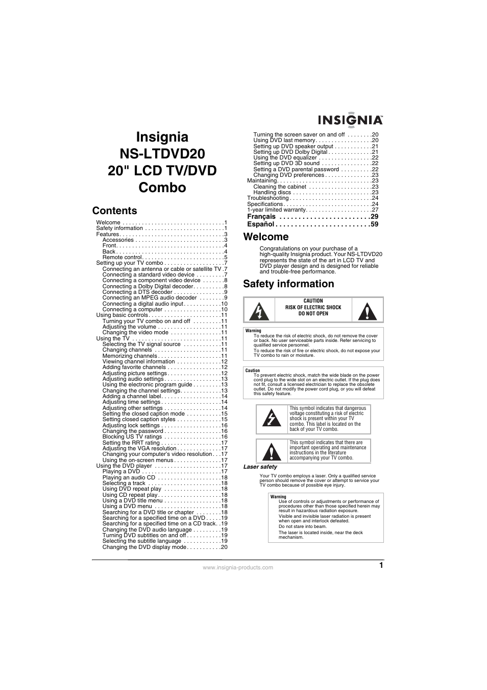 Insignia NS-LTDVD20 User Manual | Page 3 / 92