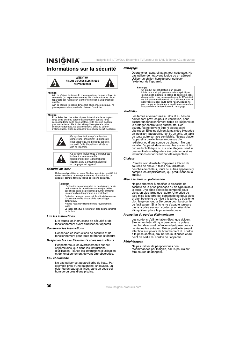 Informations sur la sécurité | Insignia NS-LTDVD20 User Manual | Page 32 / 92