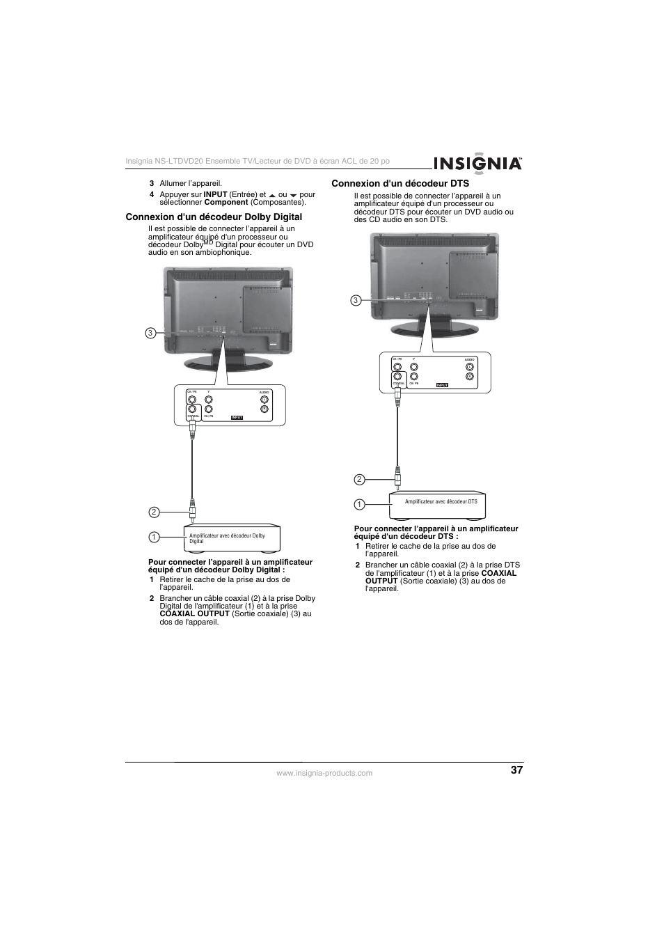 Connexion d'un décodeur dolby digital, Connexion d'un décodeur dts | Insignia NS-LTDVD20 User Manual | Page 39 / 92