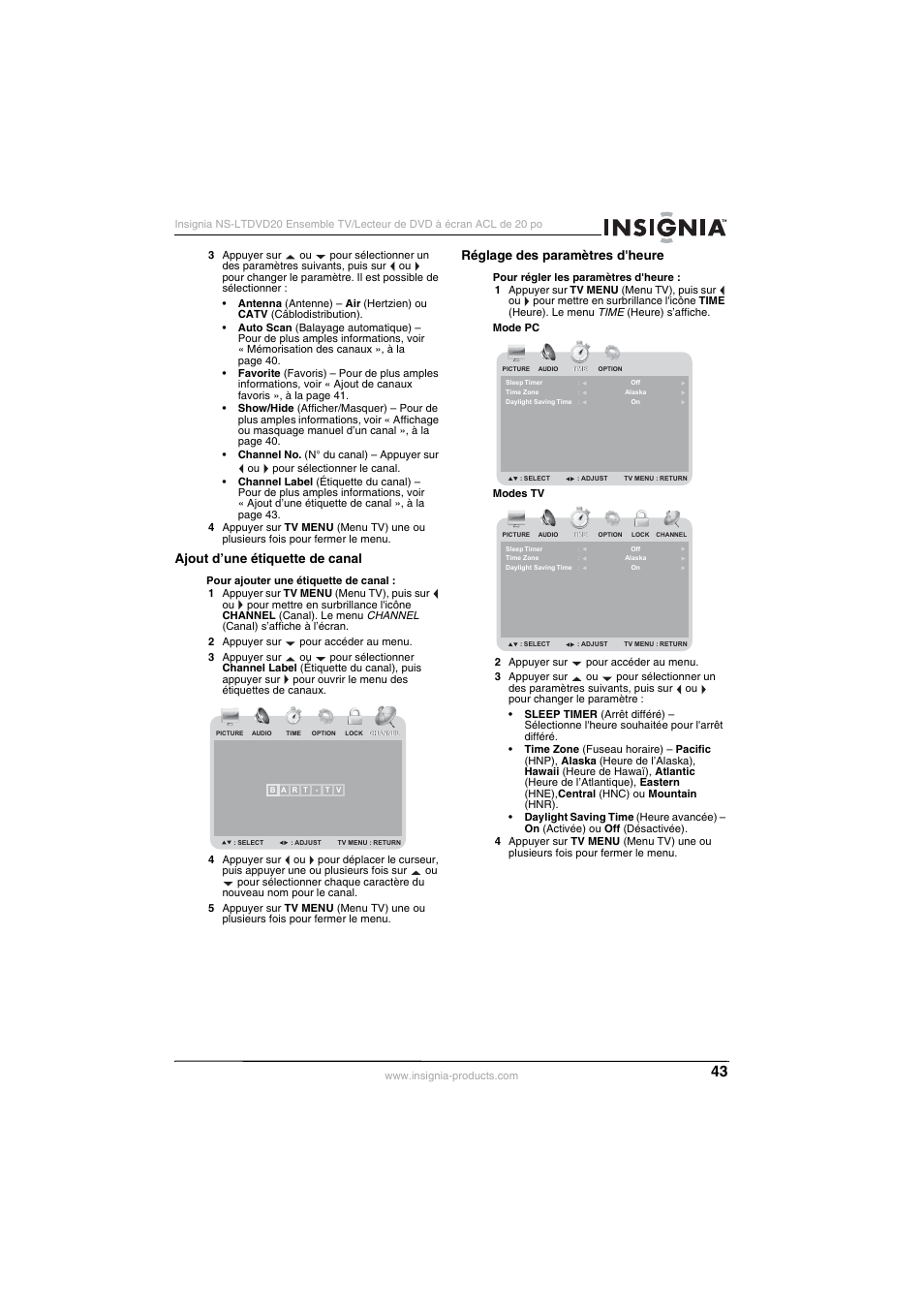 Ajout d’une étiquette de canal, Réglage des paramètres d'heure | Insignia NS-LTDVD20 User Manual | Page 45 / 92