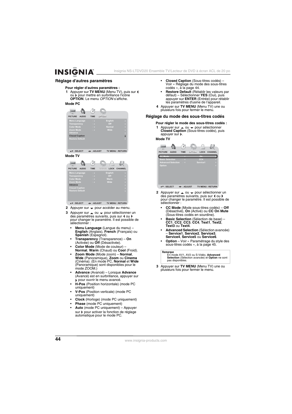 Réglage d'autres paramètres, Réglage du mode des sous-titres codés | Insignia NS-LTDVD20 User Manual | Page 46 / 92