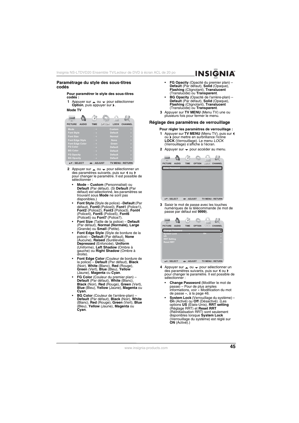 Paramétrage du style des sous-titres codés, Réglage des paramètres de verrouillage | Insignia NS-LTDVD20 User Manual | Page 47 / 92