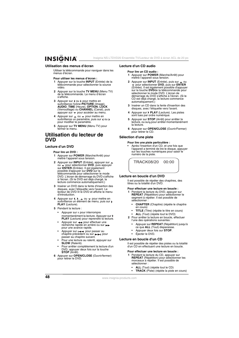 Utilisation du lecteur de dvd | Insignia NS-LTDVD20 User Manual | Page 50 / 92