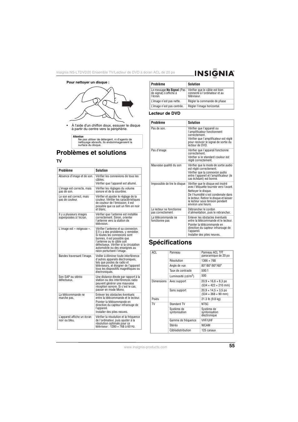 Problèmes et solutions, Spécifications | Insignia NS-LTDVD20 User Manual | Page 57 / 92