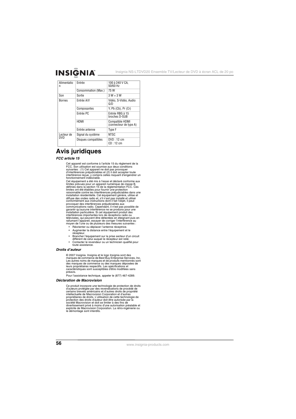 Avis juridiques | Insignia NS-LTDVD20 User Manual | Page 58 / 92