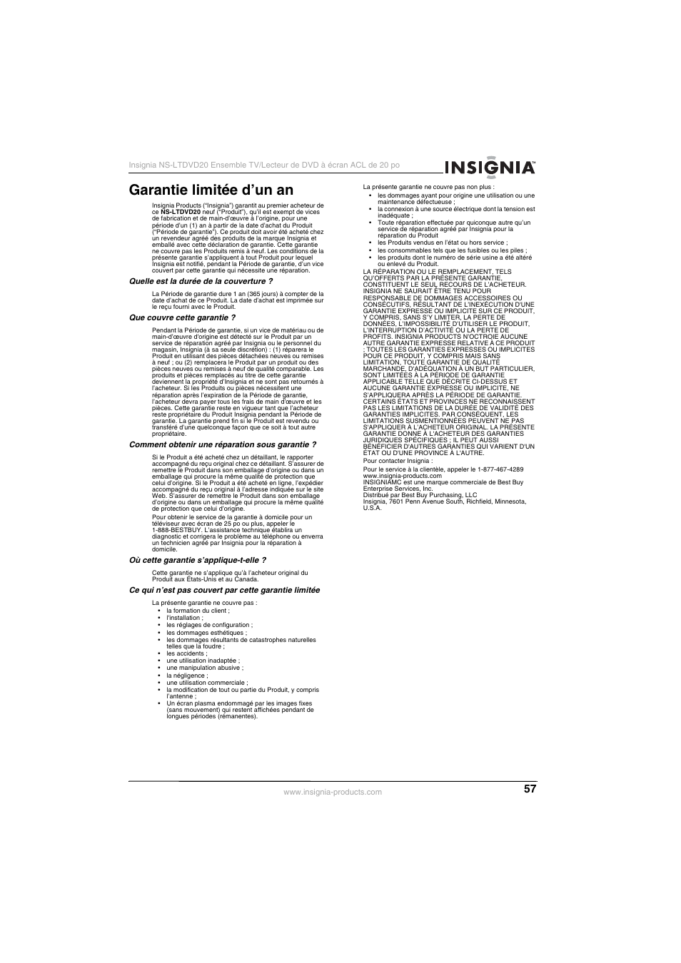 Garantie limitée d’un an | Insignia NS-LTDVD20 User Manual | Page 59 / 92