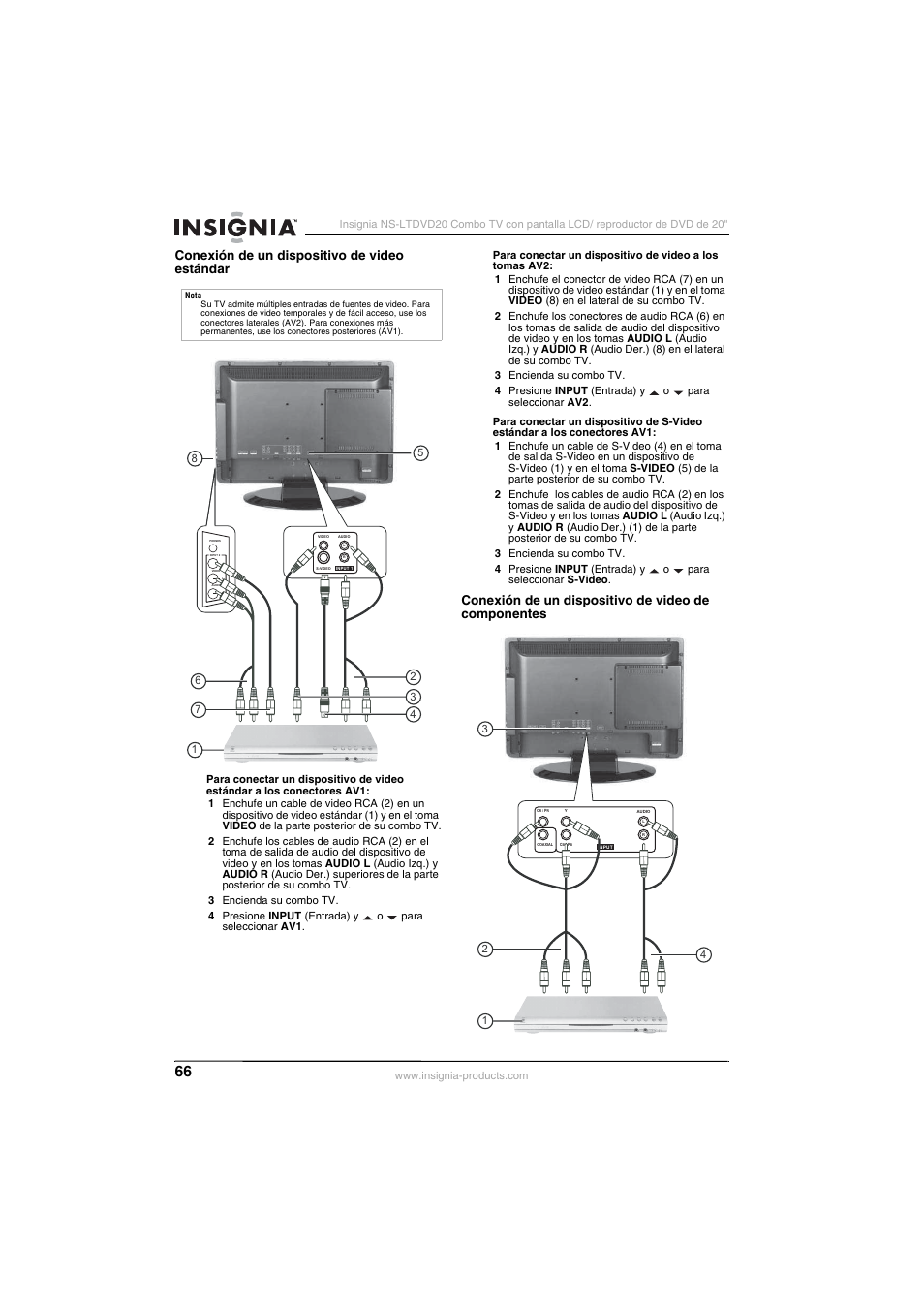 Conexión de un dispositivo de video estándar, Conexión de un dispositivo de video de componentes | Insignia NS-LTDVD20 User Manual | Page 68 / 92