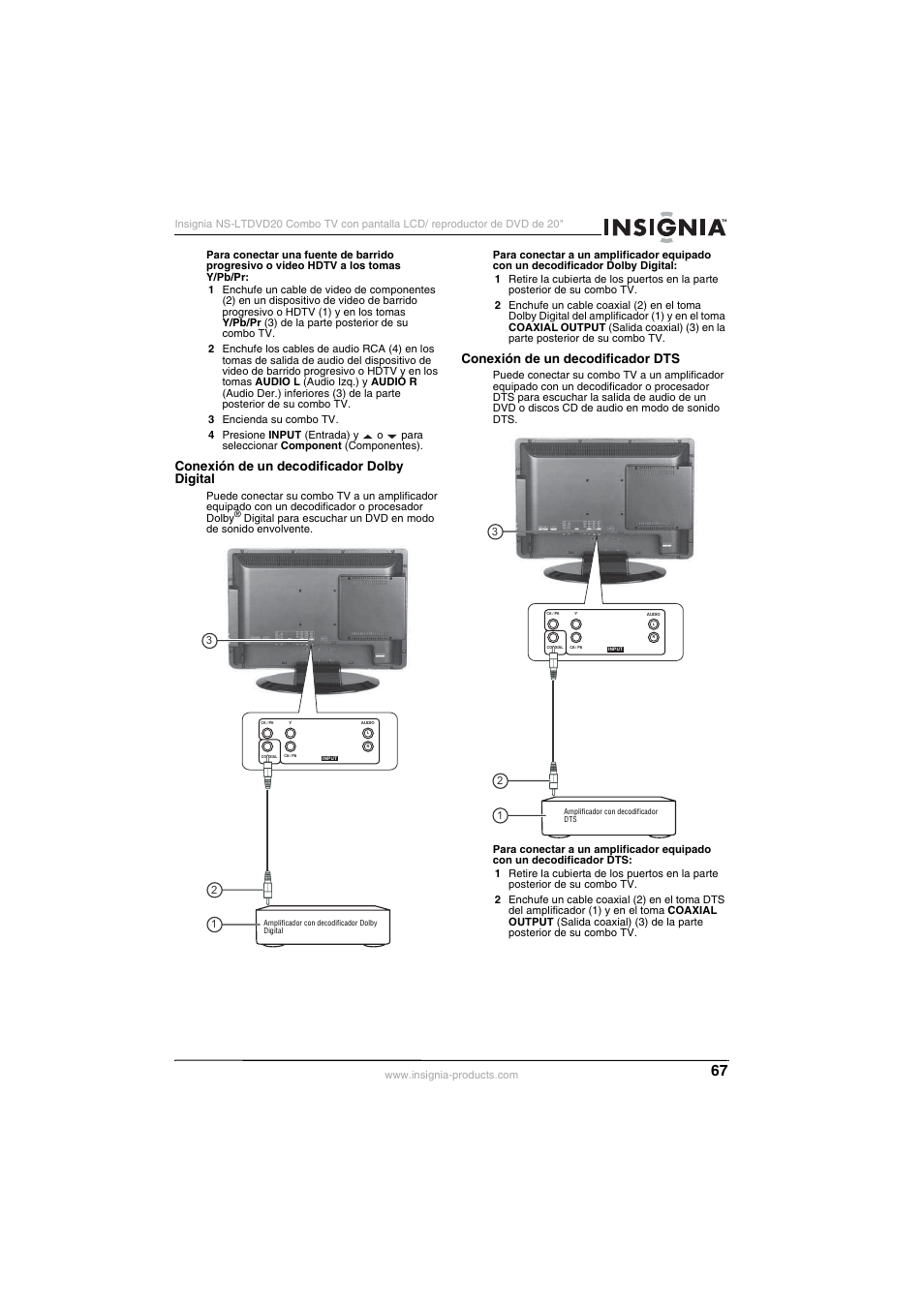 Conexión de un decodificador dolby digital, Conexión de un decodificador dts | Insignia NS-LTDVD20 User Manual | Page 69 / 92