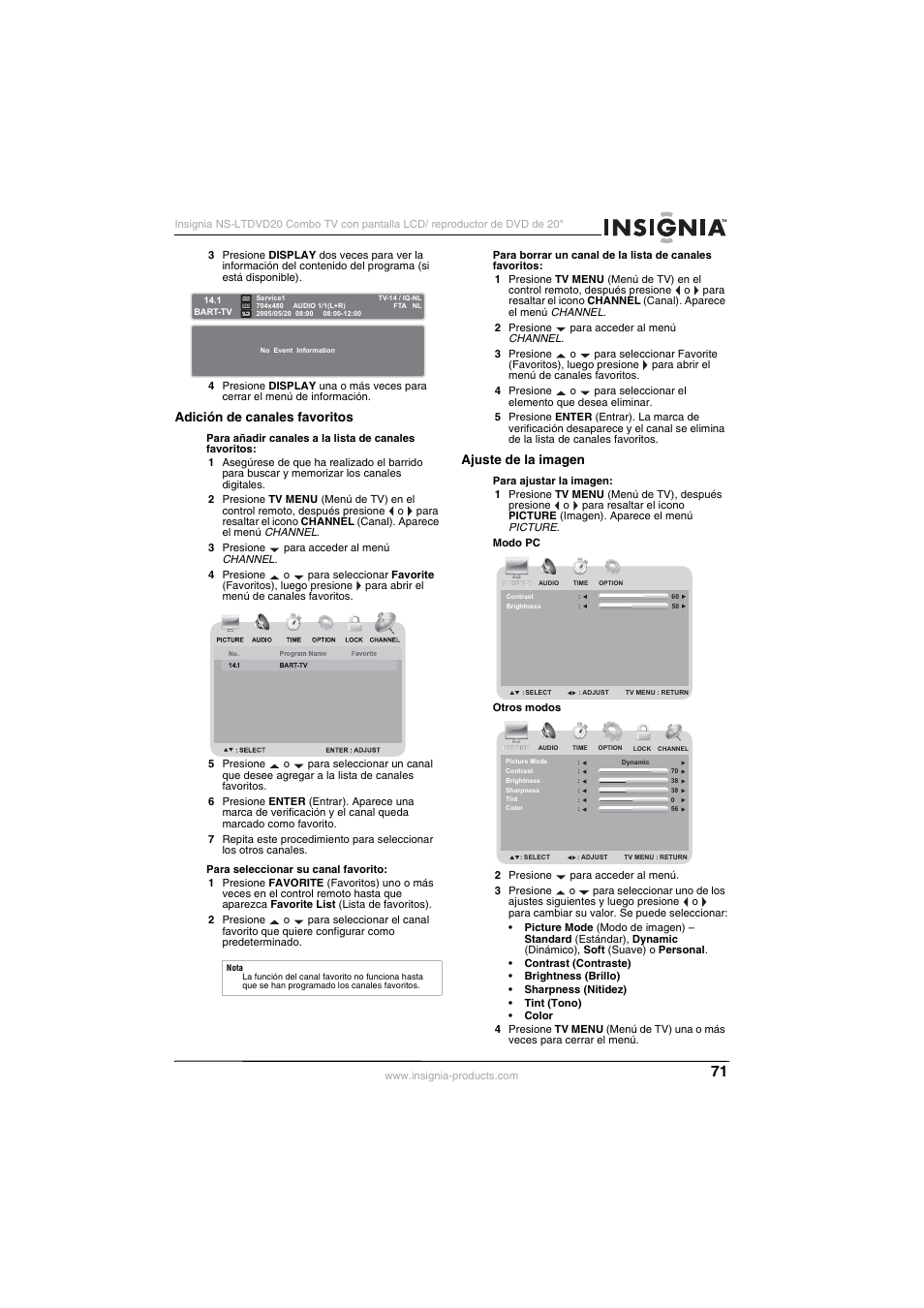 Adición de canales favoritos, Ajuste de la imagen | Insignia NS-LTDVD20 User Manual | Page 73 / 92