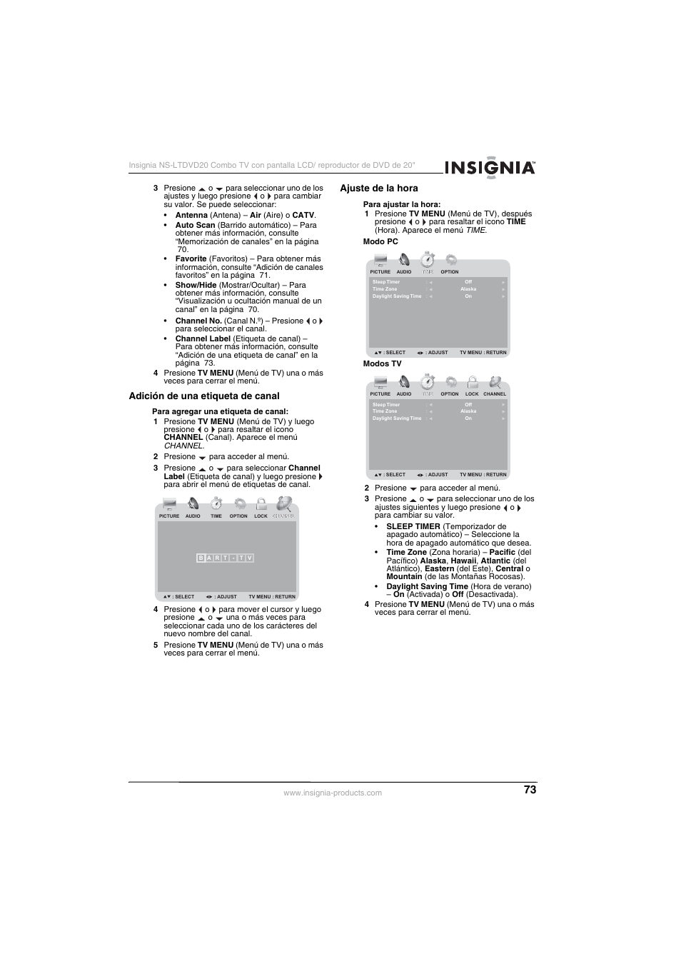 Adición de una etiqueta de canal, Ajuste de la hora | Insignia NS-LTDVD20 User Manual | Page 75 / 92