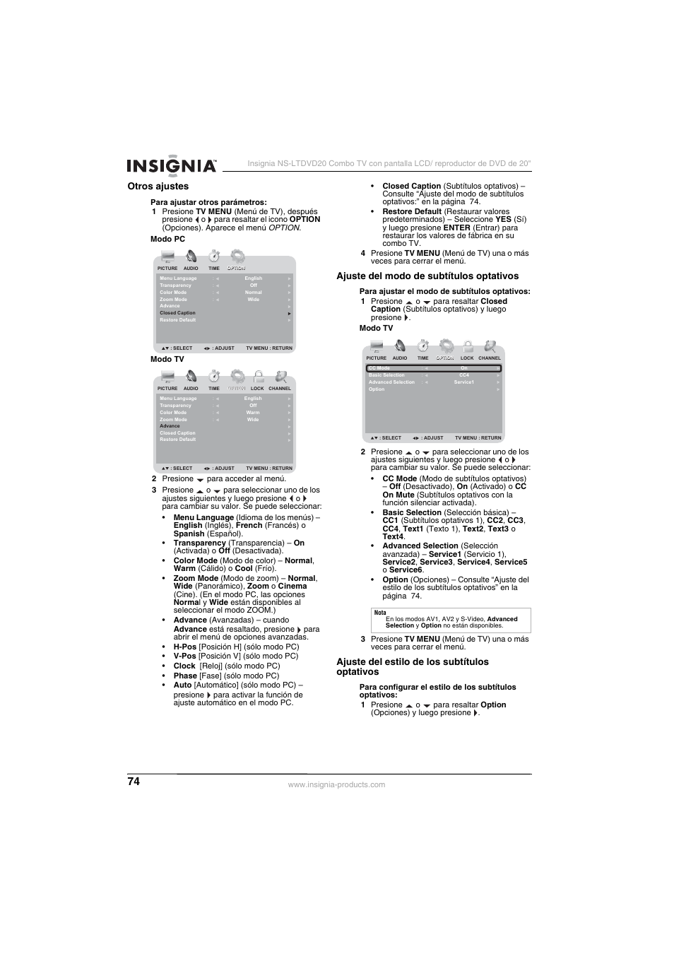 Otros ajustes, Ajuste del modo de subtítulos optativos, Ajuste del estilo de los subtítulos optativos | Insignia NS-LTDVD20 User Manual | Page 76 / 92