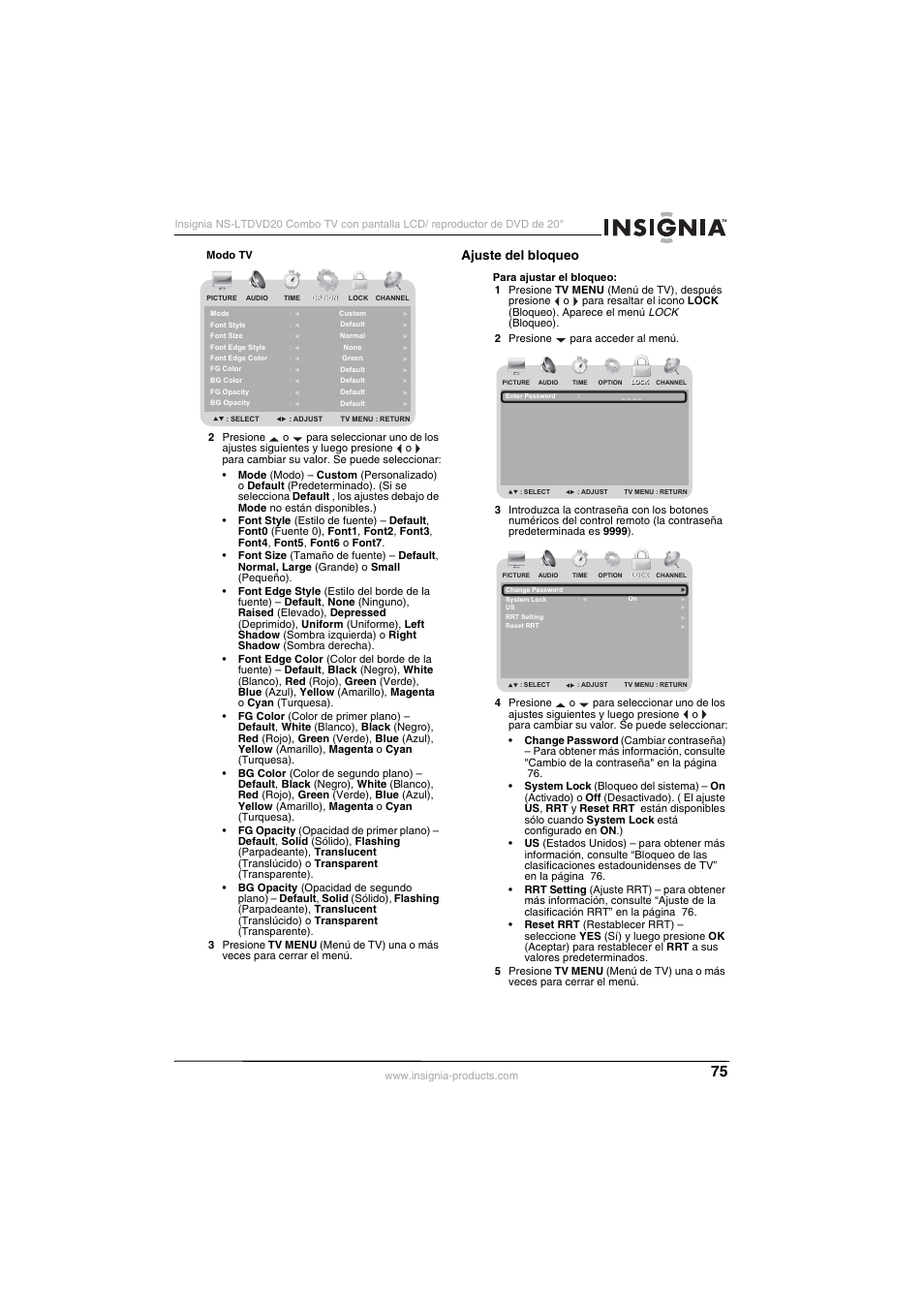 Ajuste del bloqueo | Insignia NS-LTDVD20 User Manual | Page 77 / 92