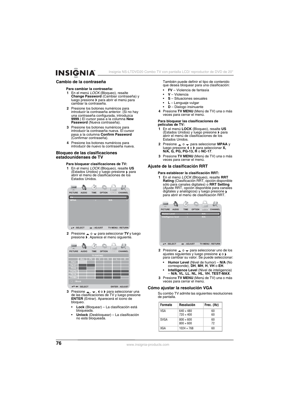 Cambio de la contraseña, Ajuste de la clasificación rrt, Cómo ajustar la resolución vga | Insignia NS-LTDVD20 User Manual | Page 78 / 92