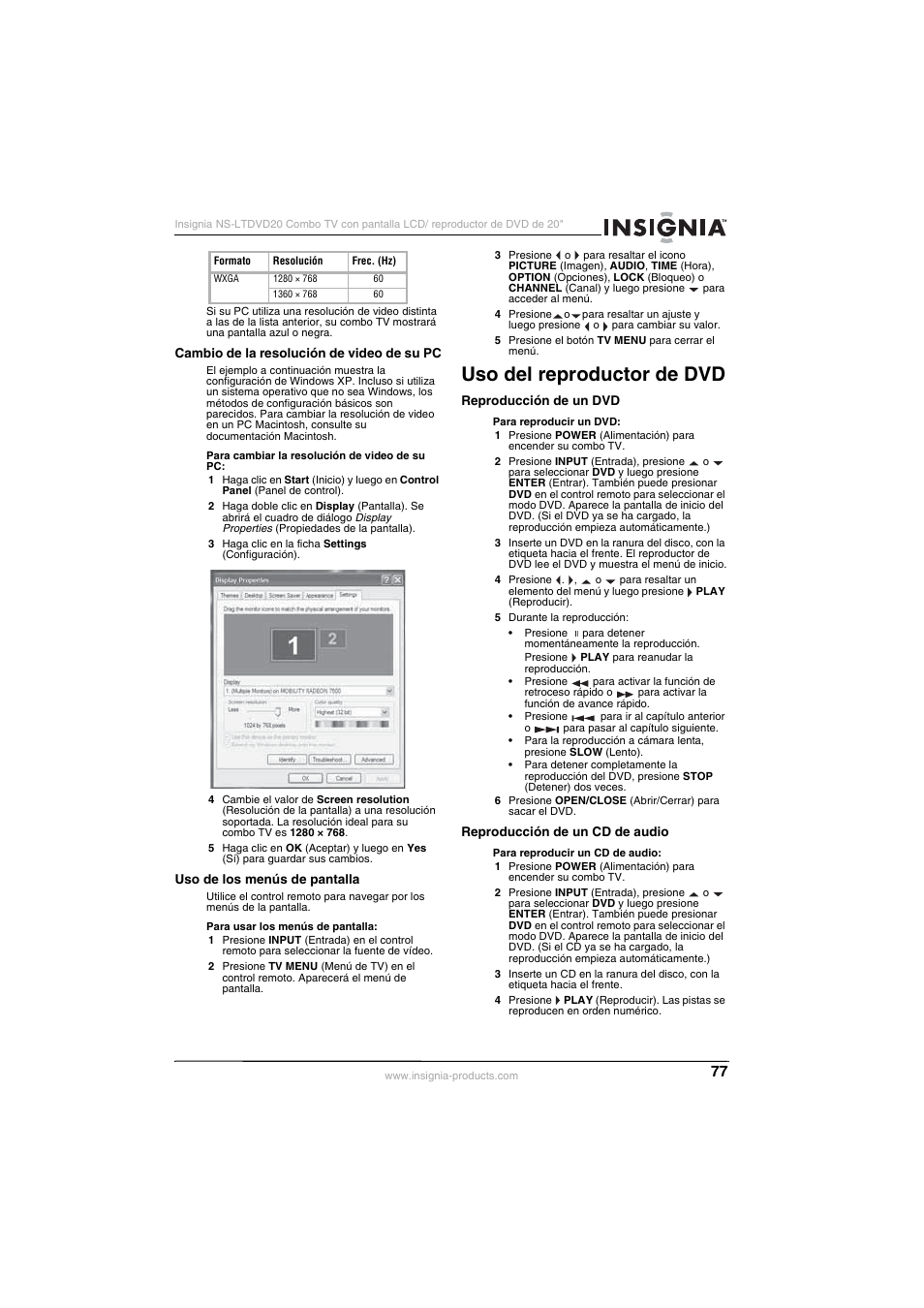 Uso del reproductor de dvd | Insignia NS-LTDVD20 User Manual | Page 79 / 92