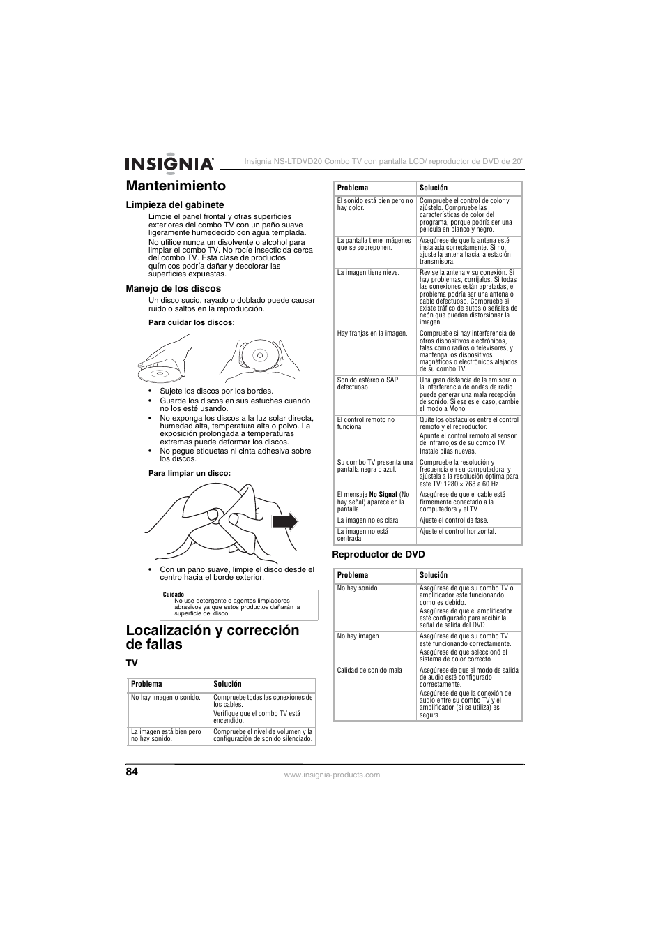 Mantenimiento, Localización y corrección de fallas | Insignia NS-LTDVD20 User Manual | Page 86 / 92