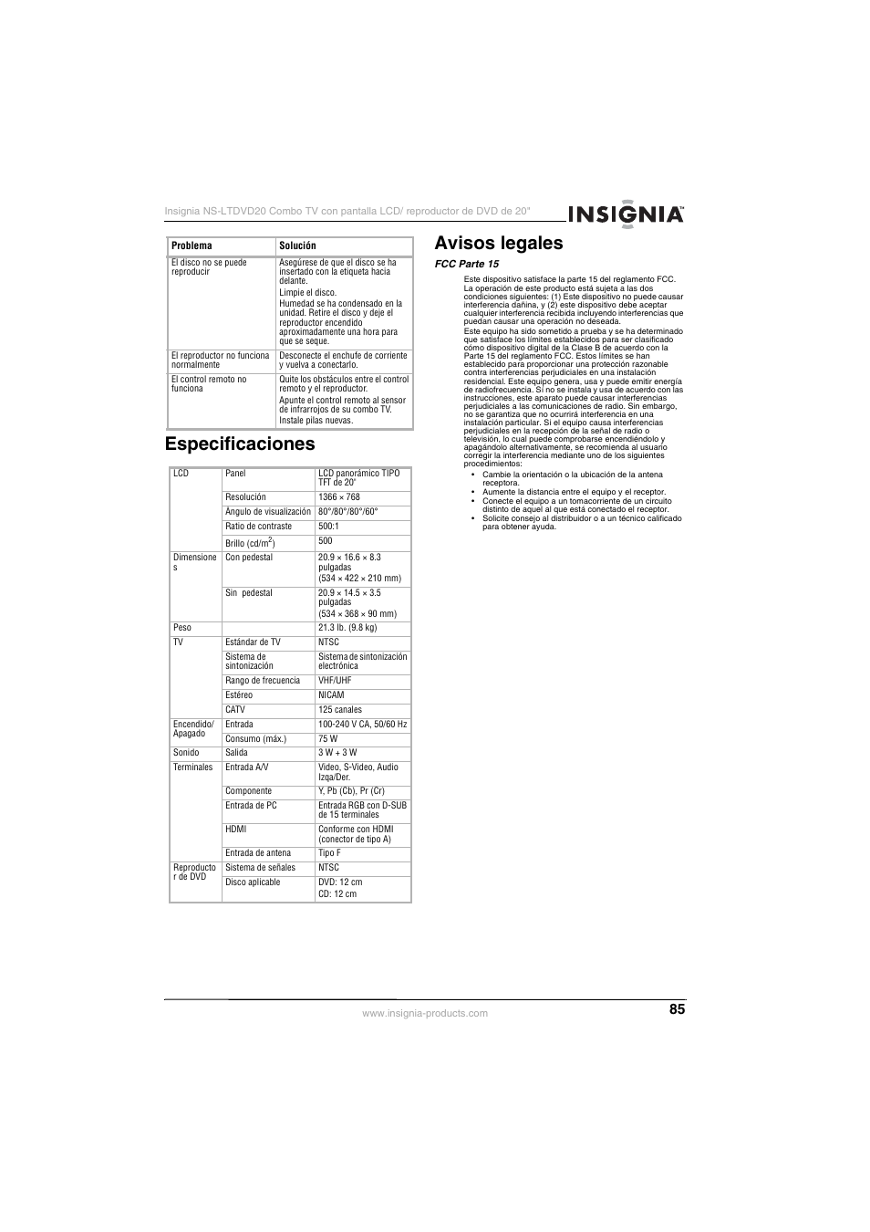 Especificaciones avisos legales | Insignia NS-LTDVD20 User Manual | Page 87 / 92