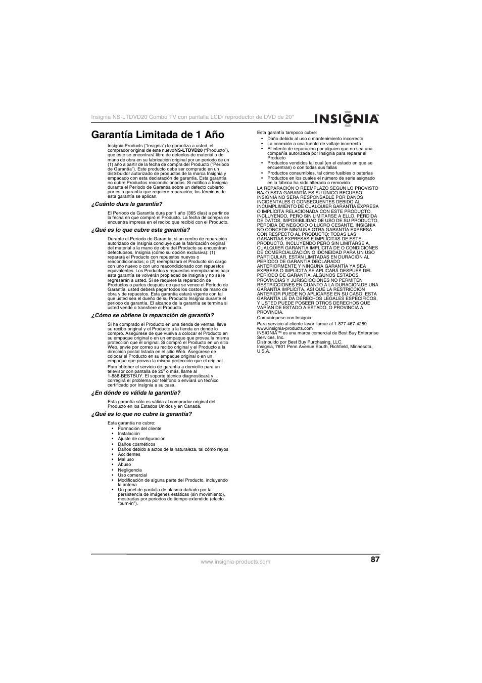 Garantía limitada de 1 año | Insignia NS-LTDVD20 User Manual | Page 89 / 92