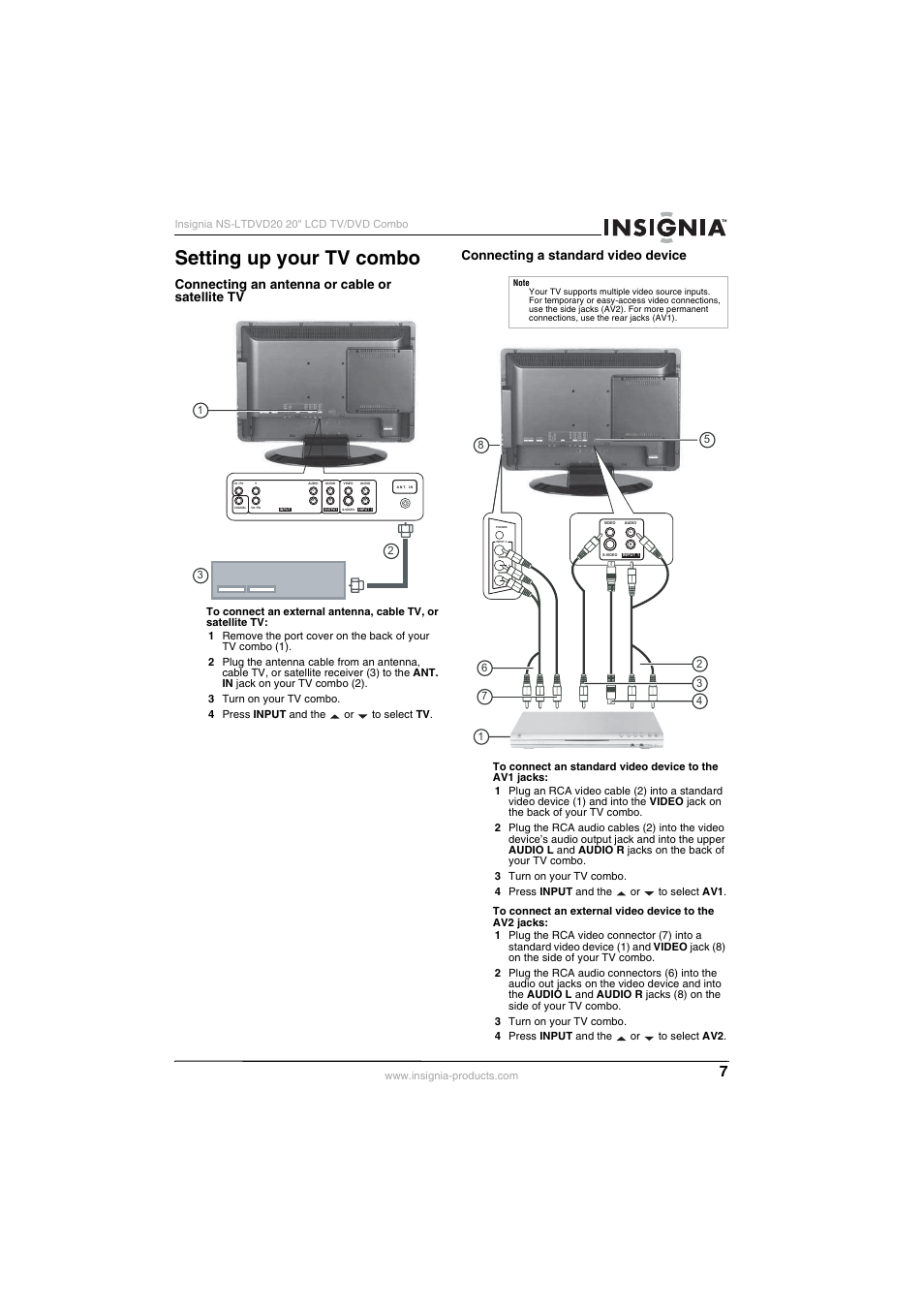 Setting up your tv combo, Connecting an antenna or cable or satellite tv, Connecting a standard video device | Insignia NS-LTDVD20 User Manual | Page 9 / 92