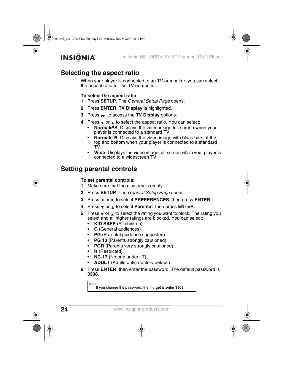 Selecting the aspect ratio, Setting parental controls | Insignia NS-10PDVDD User Manual | Page 26 / 108