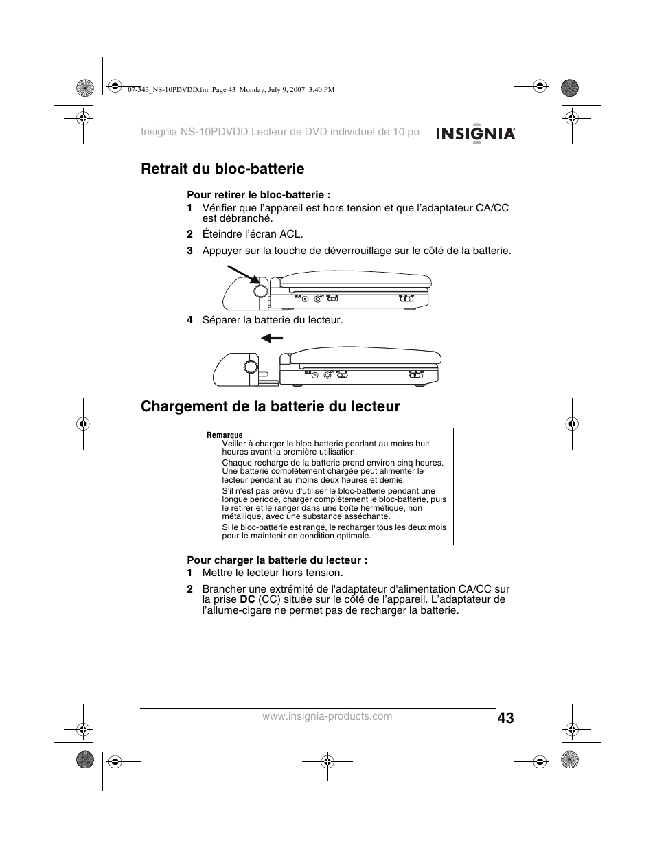 Retrait du bloc-batterie, Chargement de la batterie du lecteur | Insignia NS-10PDVDD User Manual | Page 45 / 108