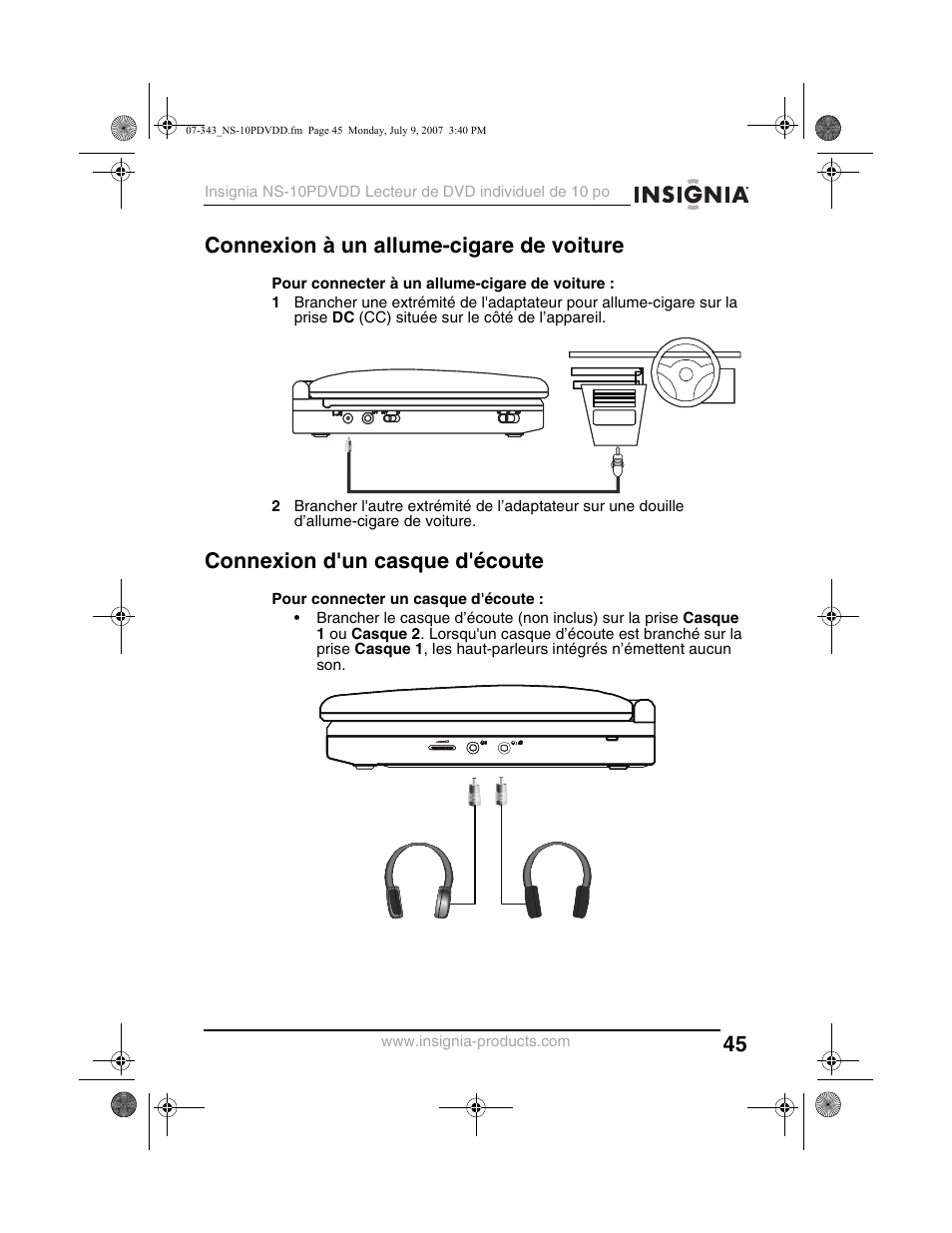 Connexion à un allume-cigare de voiture, Connexion d'un casque d'écoute | Insignia NS-10PDVDD User Manual | Page 47 / 108