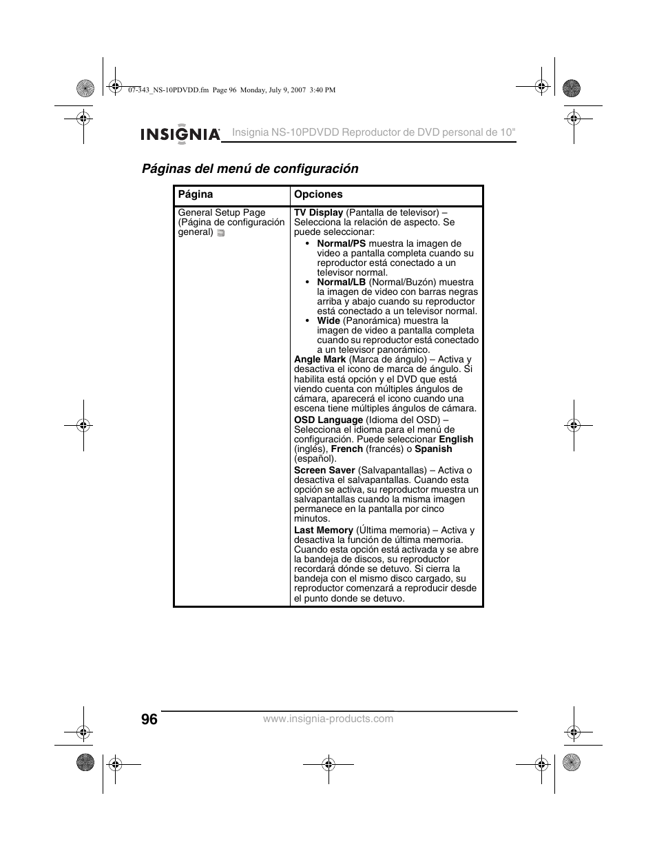 Páginas del menú de configuración | Insignia NS-10PDVDD User Manual | Page 98 / 108