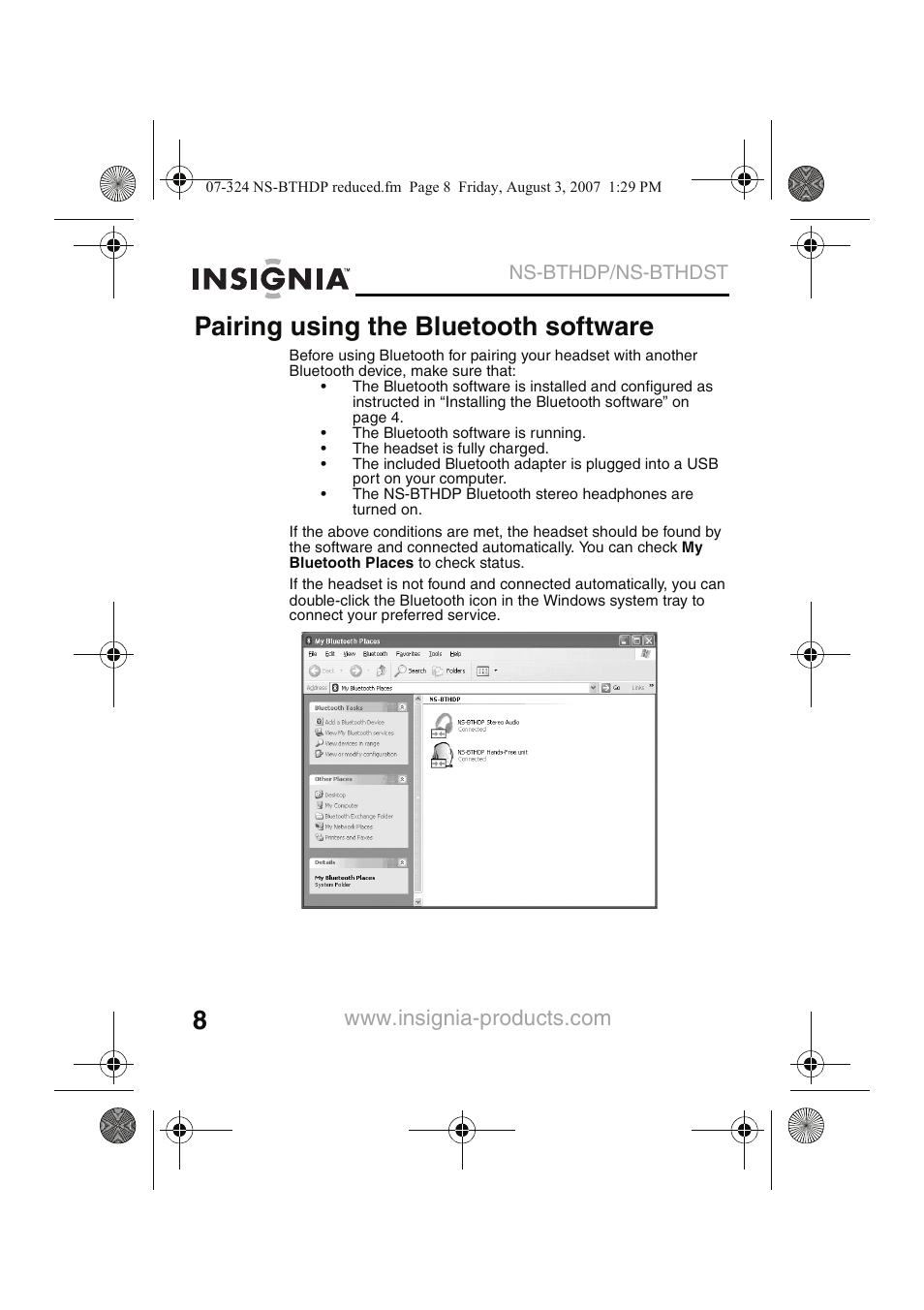 Pairing using the bluetooth software | Insignia NS-BTHDST User Manual | Page 10 / 72