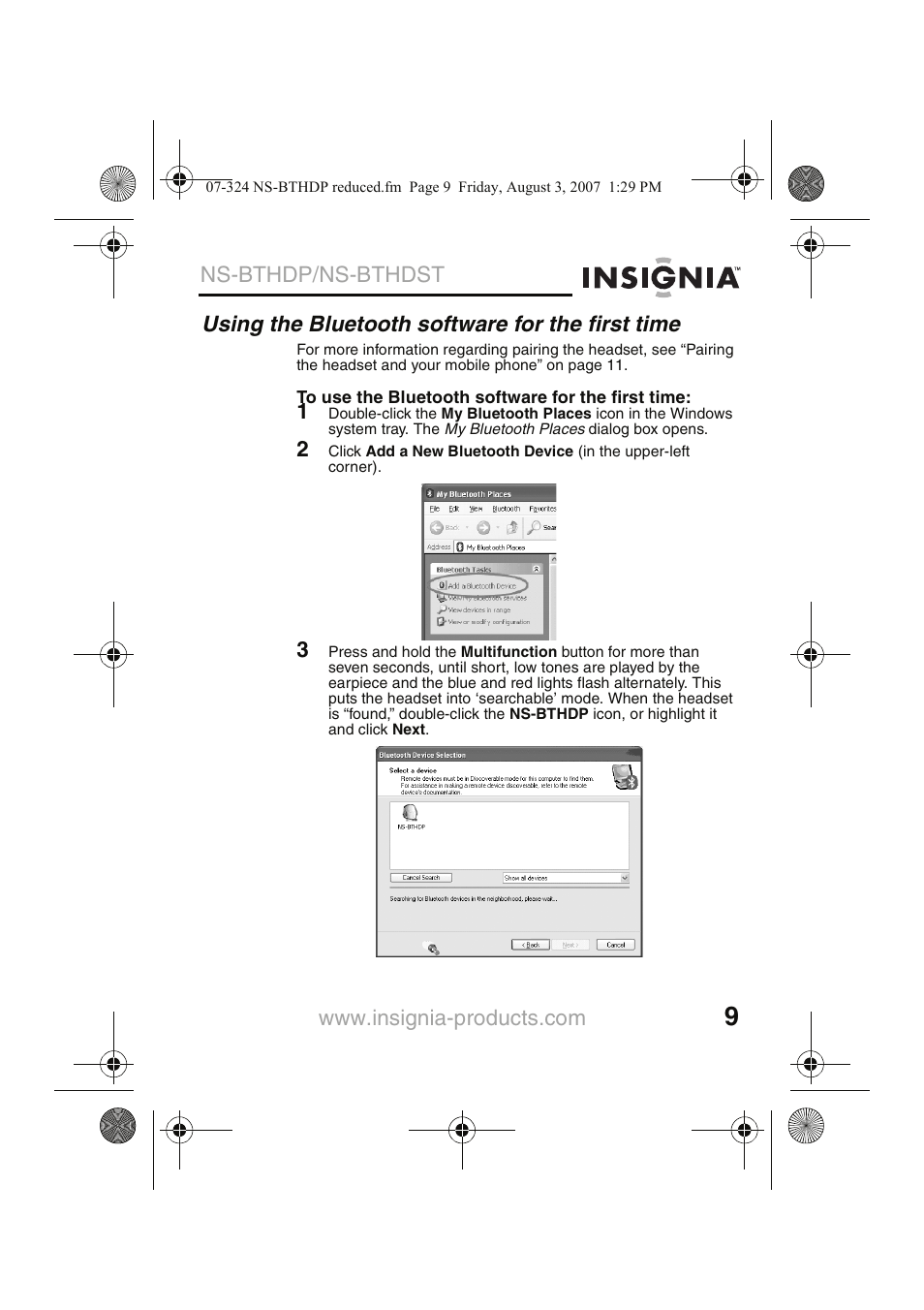 Using the bluetooth software for the first time | Insignia NS-BTHDST User Manual | Page 11 / 72