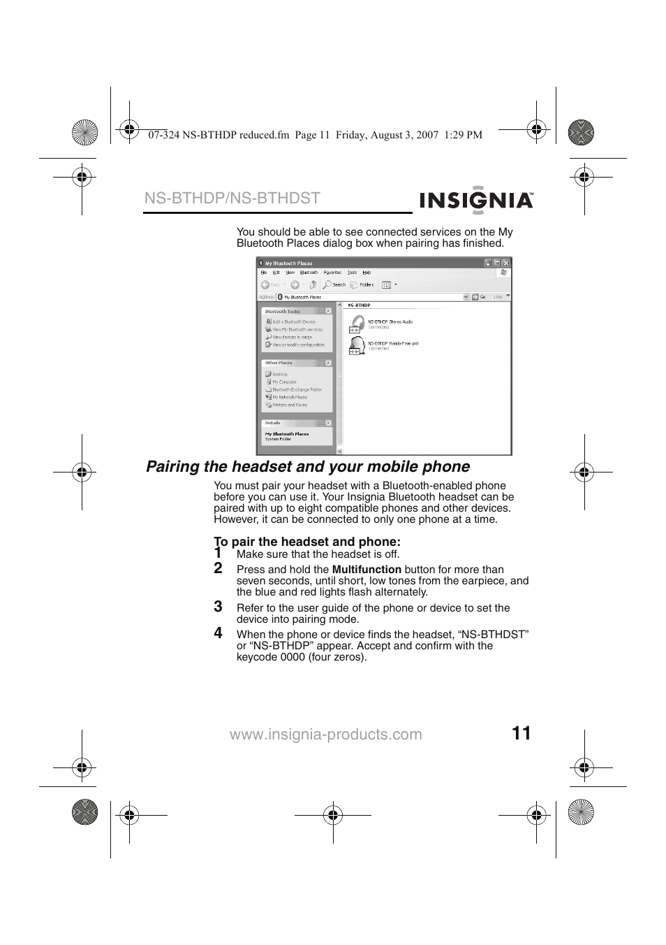 Pairing the headset and your mobile phone | Insignia NS-BTHDST User Manual | Page 13 / 72