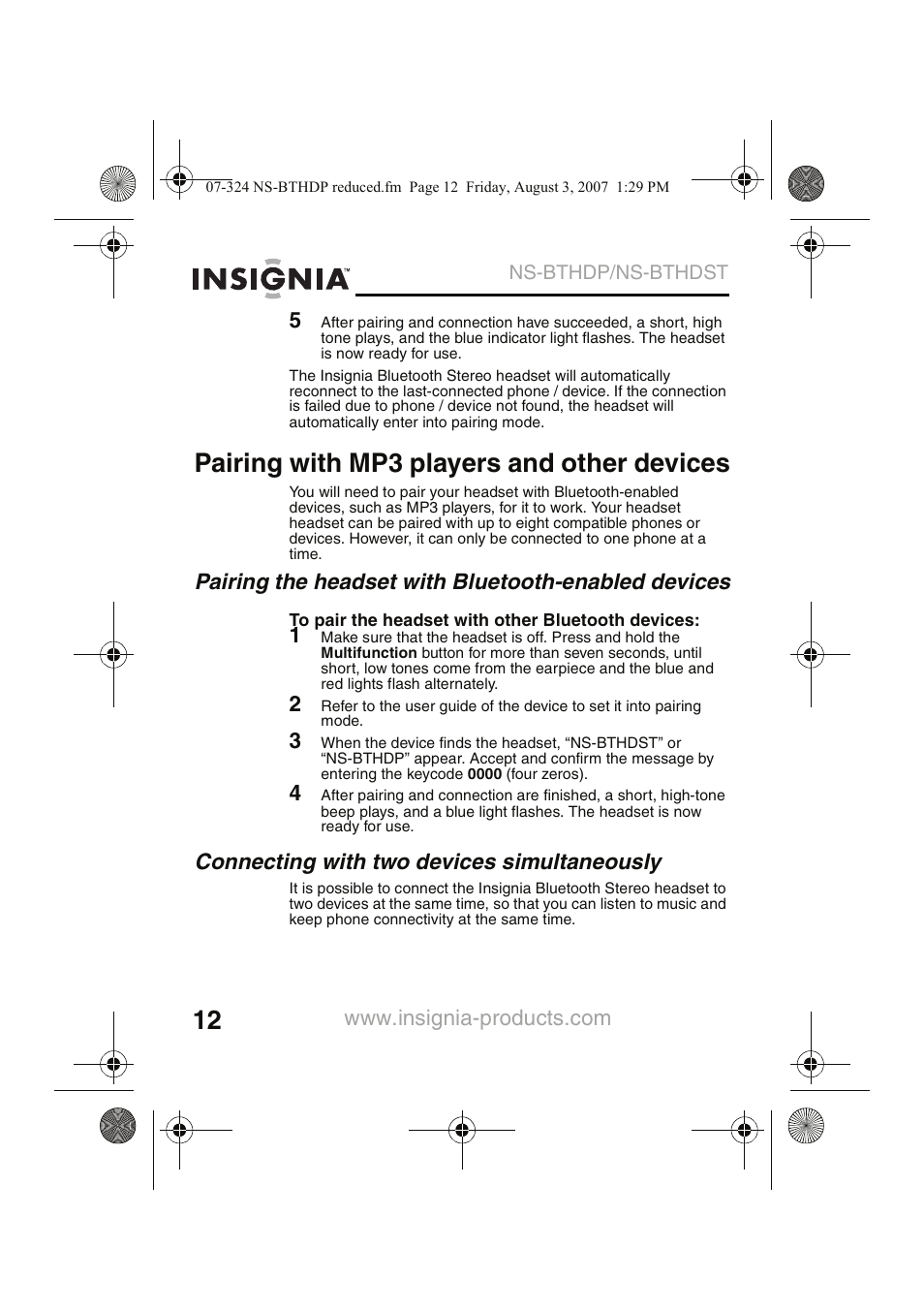 Pairing with mp3 players and other devices, Pairing the headset with bluetooth-enabled devices, Connecting with two devices simultaneously | Insignia NS-BTHDST User Manual | Page 14 / 72