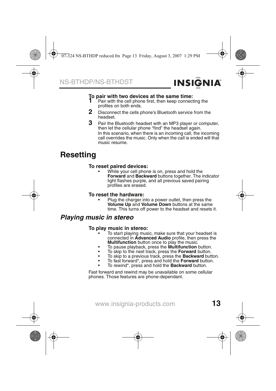 Resetting, Playing music in stereo, Ns-bthdp/ns-bthdst | Insignia NS-BTHDST User Manual | Page 15 / 72