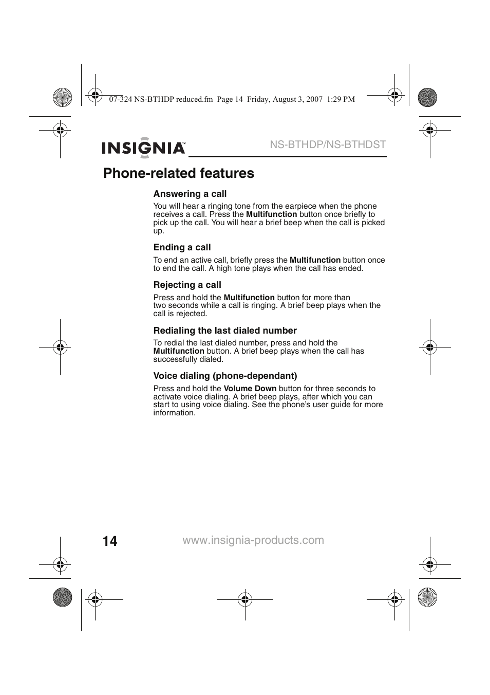 Phone-related features | Insignia NS-BTHDST User Manual | Page 16 / 72